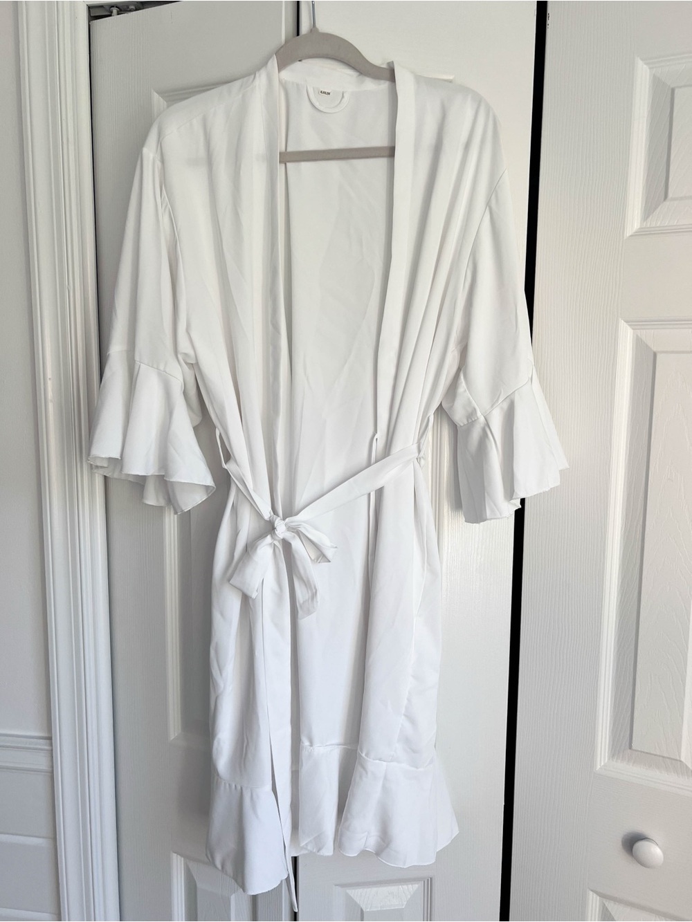 White Ruffle Sleeve Satin Robe with Tie Belt